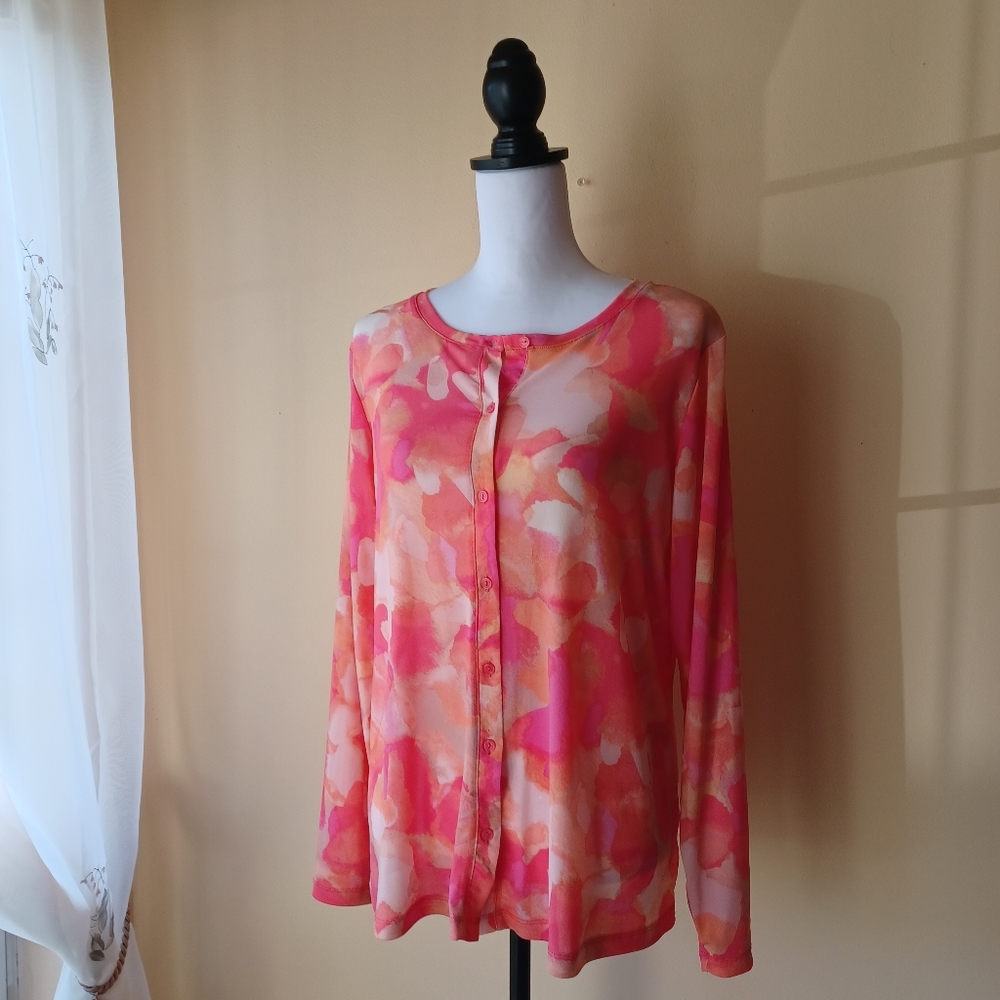 LOGO Lori Goldstein Women's Colorful Semi Sheer Button Up Top Size M Oversized